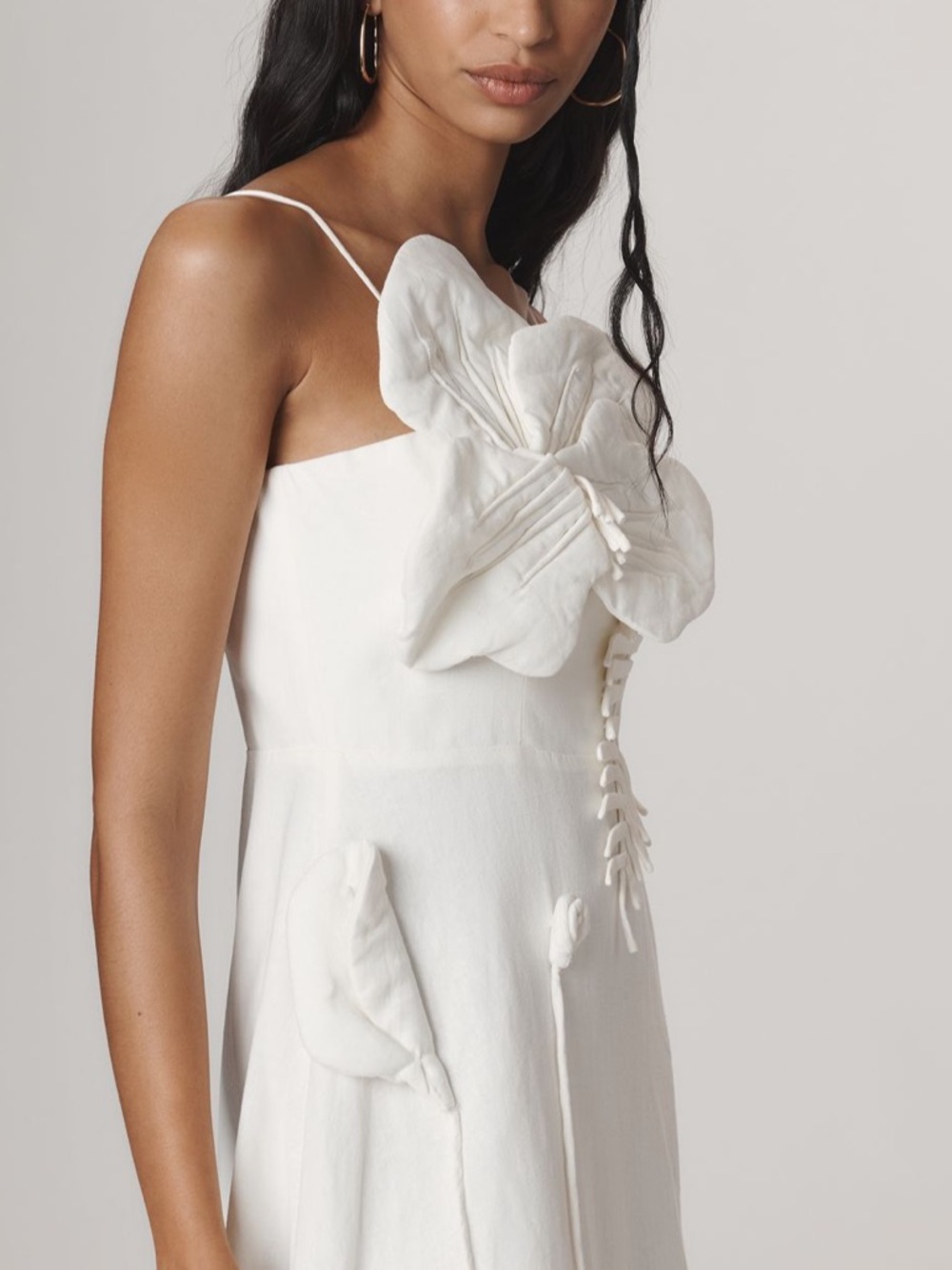 New FARM Rio Linen Blend White Garden Sleeveless Floral Appliqué Dress - Picture 4 of 4